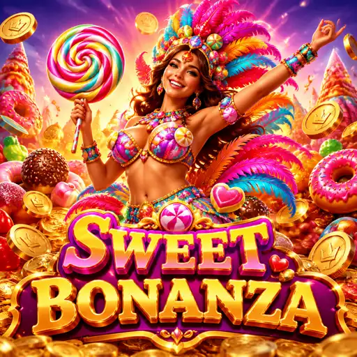 Arte colorida do slot Sweet Bonanza com frutas e doces